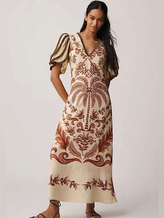 FARM Rio Dresses & Skirts - Farm Rio Ivory Brown Linen Beaded Puff Sleeve Milani Maxi Dress Size Large